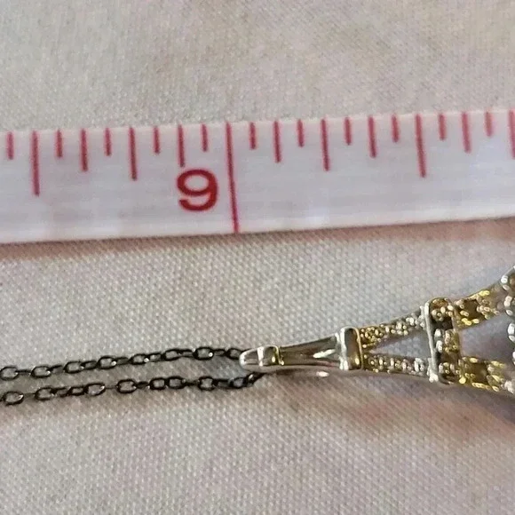 1/10 CTTW Diamond Pendant Silver 925 Eiffel Tower Necklace on Vtg 925 Chain 18" - Picture 7 of 7